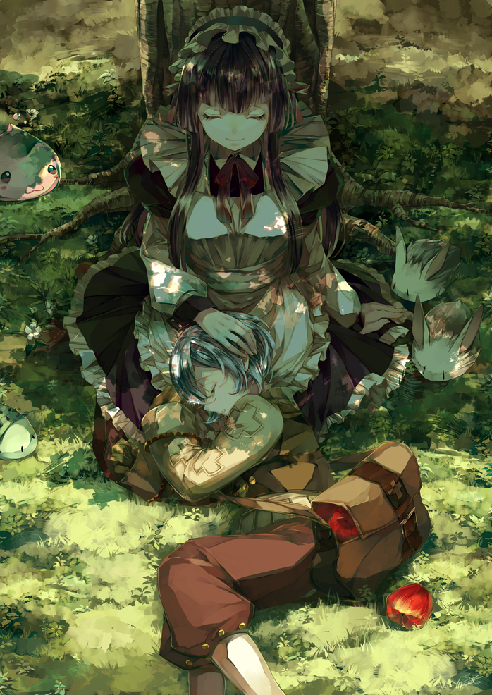 1boy 1girl apple apron bag brown_hair fabre food fruit gloves hime_cut kafra lap_pillow lunatic_(ragnarok_online) maid maid_apron maid_headdress merchant_(ragnarok_online) poring ragnarok_online satchel silver_hair sleeping soumare tree