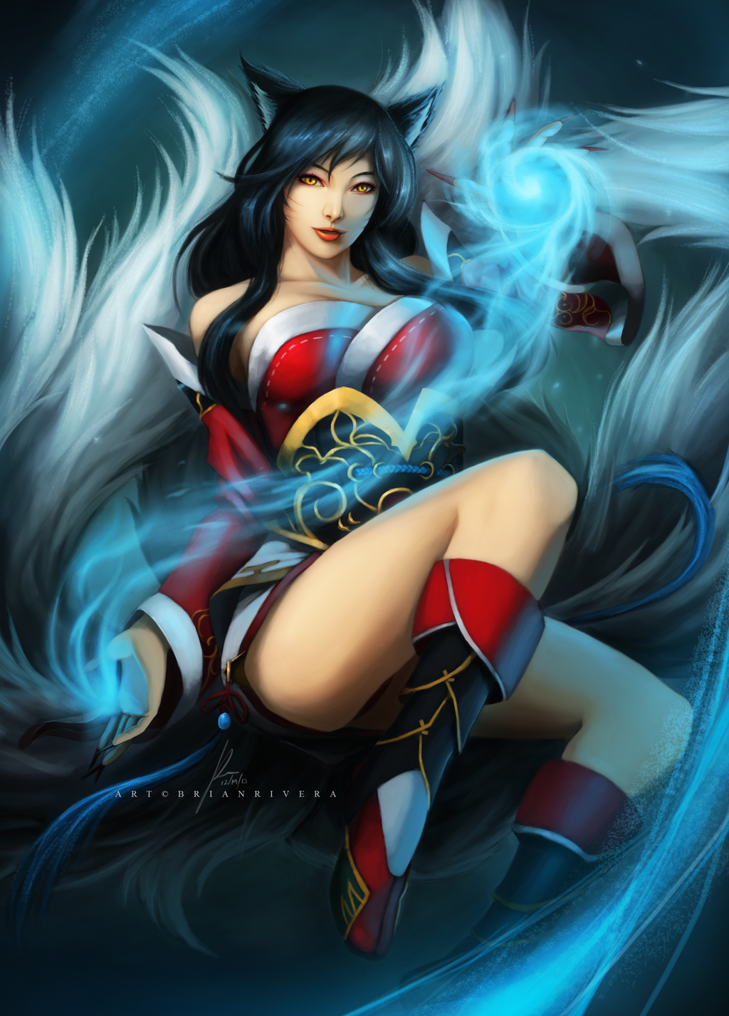 1girl 2015 ahri animal_ears artist_name bangs bare_shoulders black_hair black_nails breasts brian_rivera collarbone dated detached_sleeves eyelashes fingernails fox_ears fox_tail glowing hand_up highres korean_clothes large_breasts league_of_legends light_smile lipstick long_fingernails long_hair long_sleeves looking_at_viewer magic makeup multiple_tails nail_polish nose off_shoulder orb parted_lips red_lips red_lipstick red_nails sharp_fingernails shoes signature solo tail tassel whisker_markings yellow_eyes