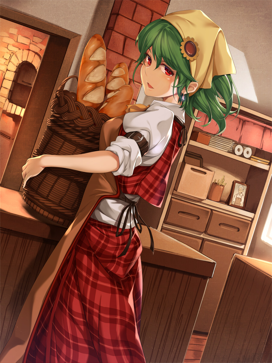 1girl apron asu_tora baguette bakery basket belt bread breasts commentary_request earrings food green_hair hair_ornament hairpin head_scarf highres indoors jewelry kazami_yuuka looking_at_viewer medium_breasts oven photo_(object) plaid plaid_skirt plaid_vest red_eyes red_skirt shop skirt skirt_set sleeves_rolled_up solo standing touhou vest