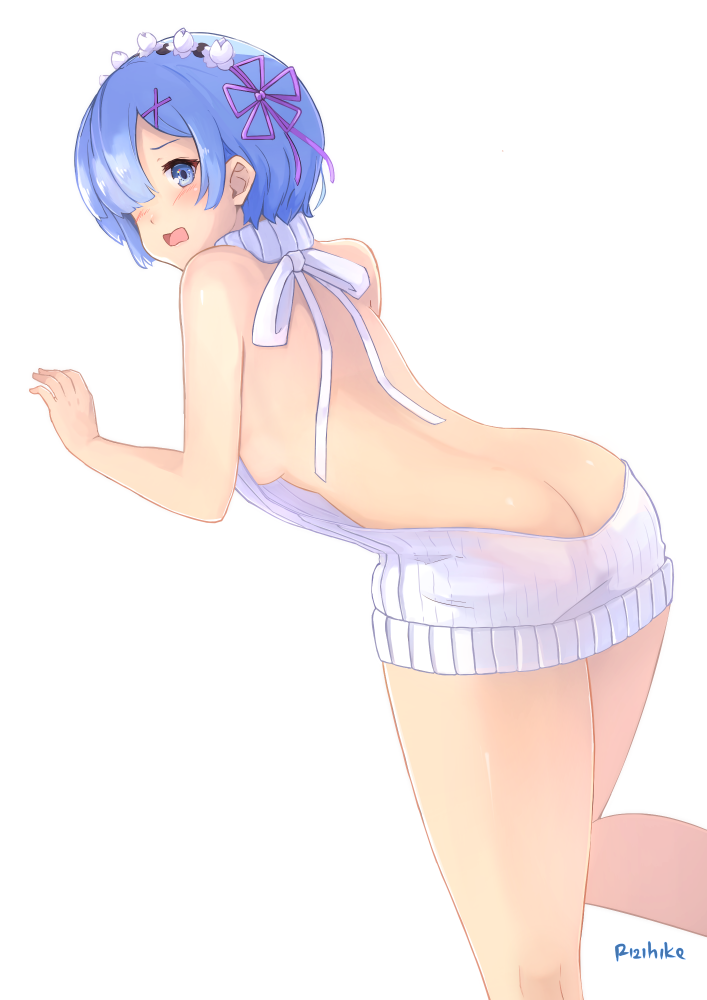 1girl 3: arched_back artist_name ass back backless_outfit bangs bare_back bare_shoulders blue_eyes blue_hair blush breasts butt_crack d: dress dutch_angle hair_ornament hair_over_one_eye hair_ribbon halterneck looking_at_viewer looking_back maid_headdress medium_breasts naked_sweater open-back_dress open_mouth purple_ribbon re:zero_kara_hajimeru_isekai_seikatsu rem_(re:zero) ribbed_sweater ribbon rizihike short_hair sideboob signature simple_background solo sweater sweater_dress thighs turtleneck turtleneck_sweater virgin_killer_sweater white_background x_hair_ornament