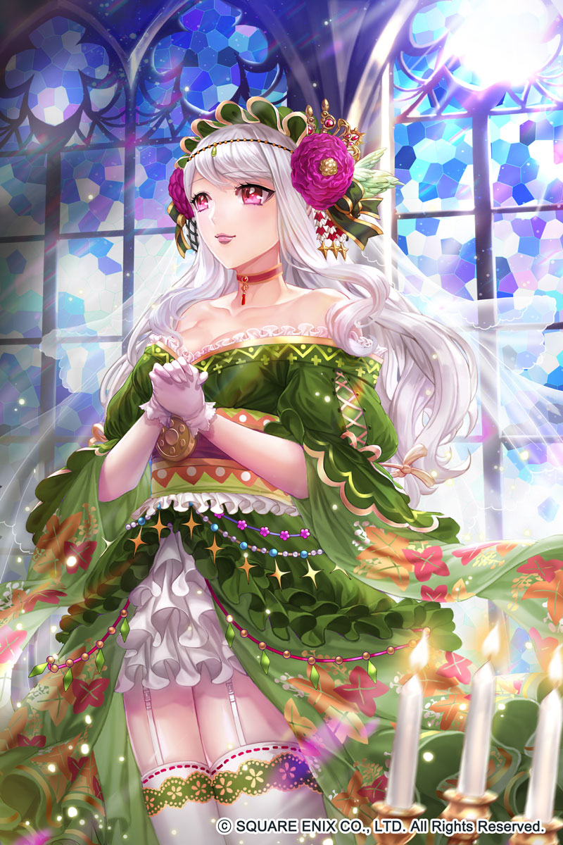 1girl bare_shoulders box_(hotpppink) candle candlestand choker dress fire flower frilled_dress frills garter_straps gloves green_dress hair_flower hair_ornament hairband hands_together hat highres indoors light_rays lipstick long_hair makeup official_art pink_eyes solo square_enix stained_glass standing thigh-highs veil watermark white_gloves white_hair white_legwear