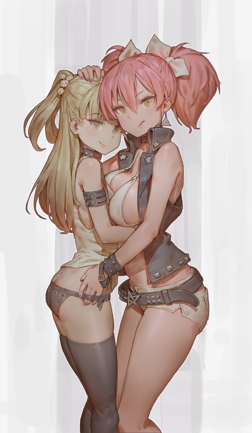 2girls ass bare_shoulders belt bikini_top blonde_hair bow bracelet breasts butt_crack choker commentary earrings flat_ass green_eyes hair_bow hand_on_another's_head highres hug idolmaster idolmaster_cinderella_girls jacket jewelry jougasaki_mika jougasaki_rika large_breasts lips looking_at_viewer multiple_girls nail_polish pink_hair short_shorts shorts siblings sideboob sisters sleeveless sleeveless_jacket smile spiked_bracelet spiked_choker spikes thigh-highs tim_loechner two_side_up yellow_eyes