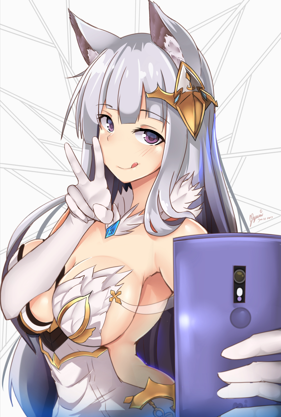 1girl 2017 :q alternate_eye_color animal_ears arched_back artist_name bangs bare_shoulders blunt_bangs blush breasts cellphone dated dress elbow_gloves erun_(granblue_fantasy) gloves granblue_fantasy hair_ornament highres holding holding_cellphone holding_phone korwa long_hair looking_at_viewer myumi phone self_shot signature silver_hair smartphone smile solo tongue tongue_out v violet_eyes white_gloves