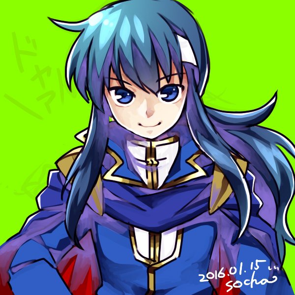 1boy blue_eyes blue_hair cape celice_(fire_emblem) fire_emblem fire_emblem:_seisen_no_keifu green_background hair_ornament looking_at_viewer ponytail simple_background smile socha twitter_username