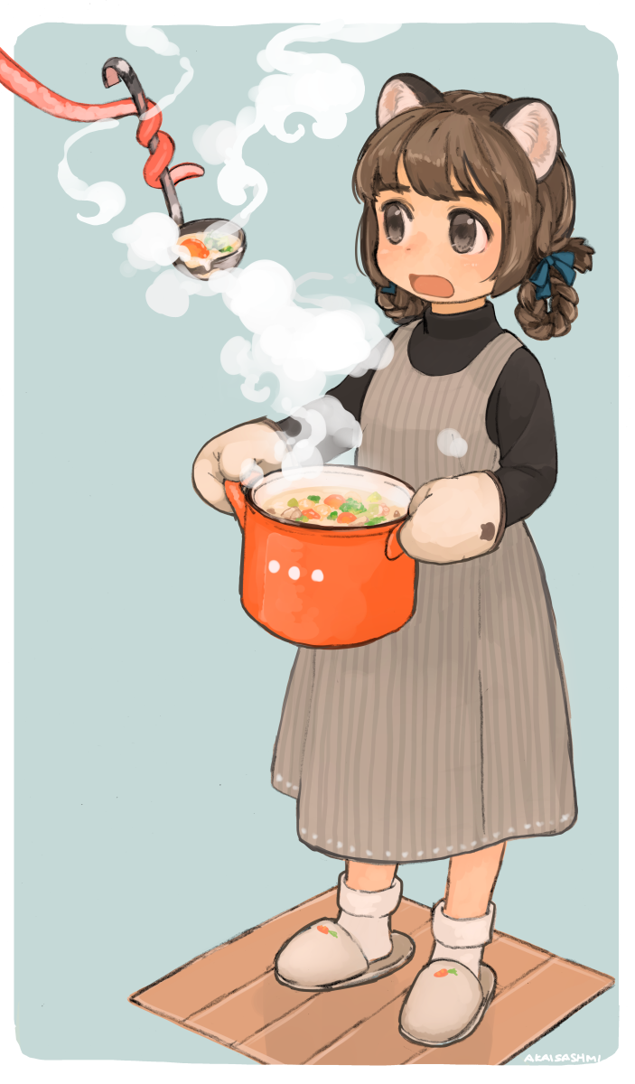 1girl akai_sashimi animal_ears apron artist_name black_shirt blue_background blue_bow blush border bow braid brown_eyes brown_hair eyebrows_visible_through_hair food food_print full_body hair_bow hair_rings highres holding ladle looking_at_another open_mouth original oven_mitts pot shirt slippers socks solo_focus standing steam tentacle turtleneck twin_braids