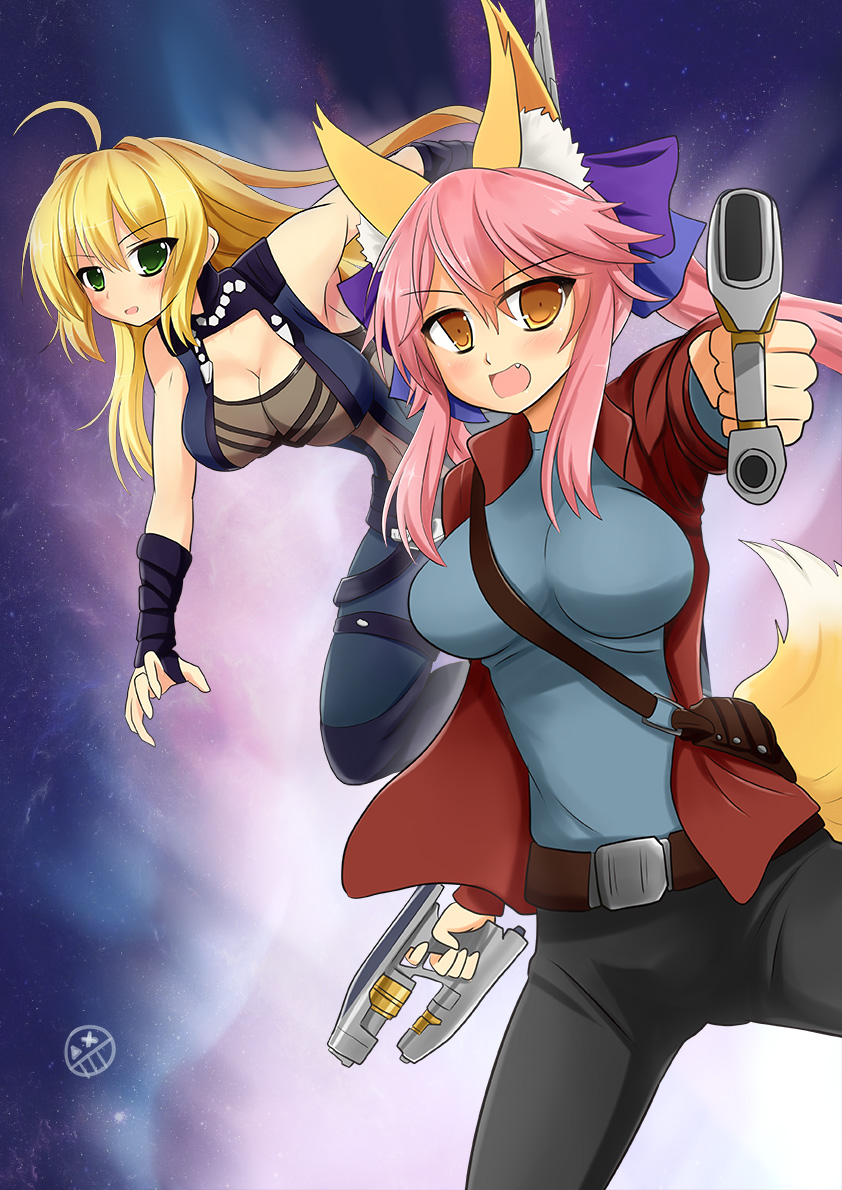 2girls ahoge animal_ears blush breasts cleavage cosplay fang fate/grand_order fate_(series) fox_ears fox_tail green_eyes guardians_of_the_galaxy gun jacket large_breasts long_hair looking_at_viewer marvel multiple_girls nero_claudius_(fate) nero_claudius_(fate)_(all) open_mouth peter_quill peter_quill_(cosplay) pink_hair red_jacket setia_pradipta tail tamamo_(fate)_(all) tamamo_no_mae_(fate) taneleer_tivan taneleer_tivan_(cosplay) weapon yellow_eyes