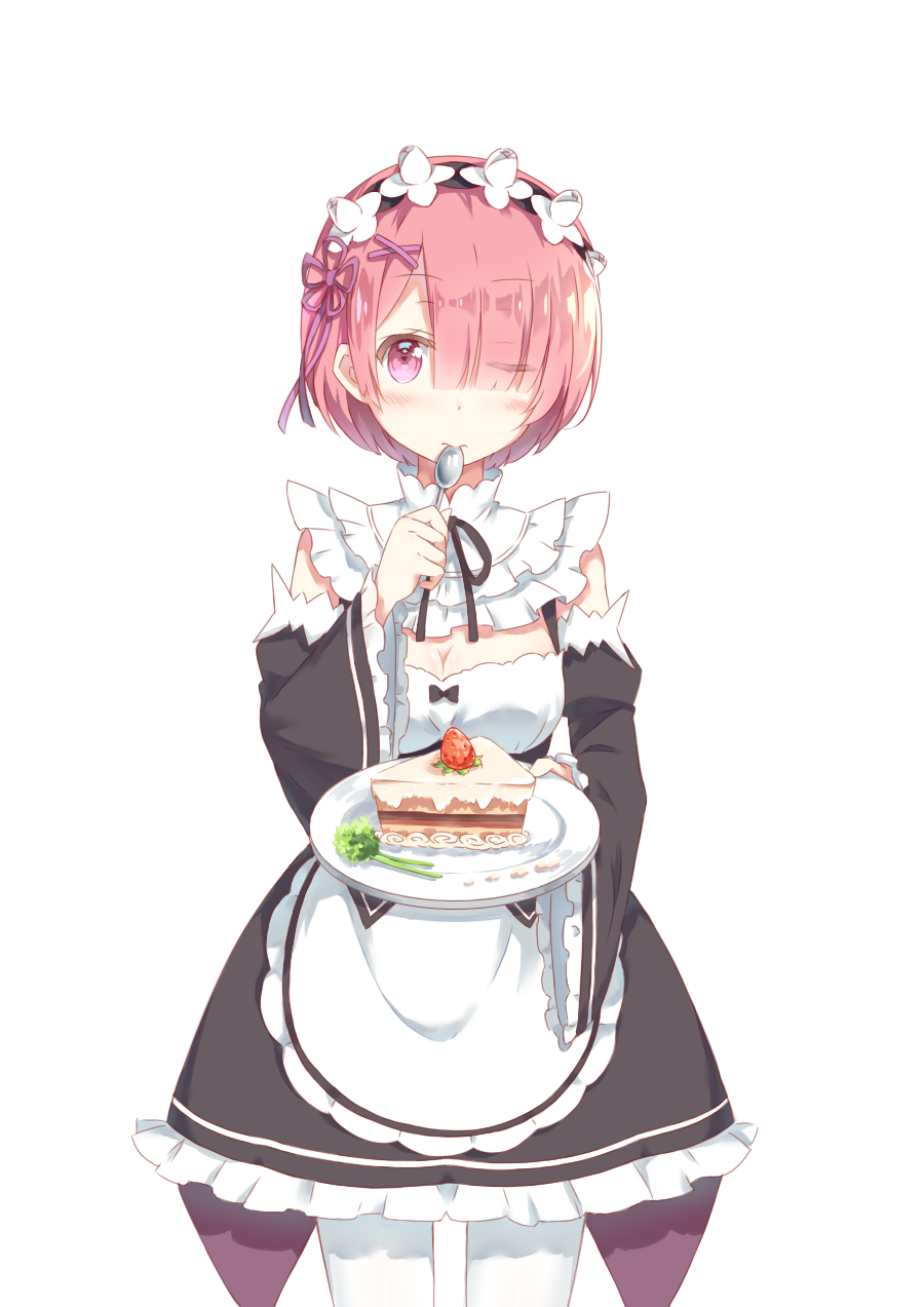 1girl 2429144768 blush breasts cake cleavage cowboy_shot detached_sleeves eyes_visible_through_hair food frilled_sleeves frills fruit hair_ornament hair_over_one_eye highres holding holding_spoon looking_at_viewer maid maid_headdress medium_breasts pantyhose pink_eyes pink_hair plate ram_(re:zero) re:zero_kara_hajimeru_isekai_seikatsu ribbon-trimmed_clothes ribbon_trim simple_background slice_of_cake solo spoon strawberry white_background wide_sleeves x_hair_ornament