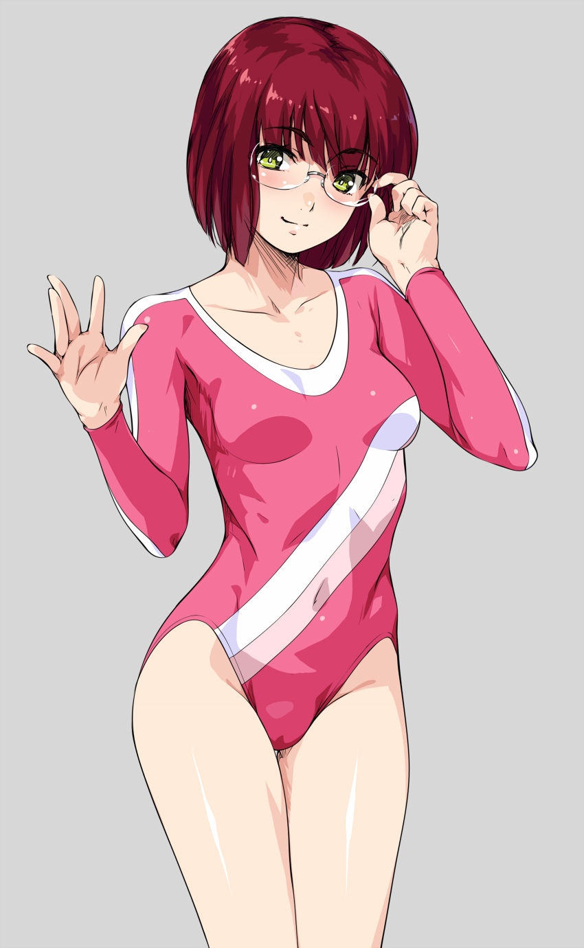 1girl adjusting_glasses breasts covered_navel cowboy_shot eyebrows_visible_through_hair glasses grey_background gymnast_leotard highres leotard long_sleeves original pink_leotard redhead short_hair small_breasts smile solo standing thick_eyebrows thigh_gap wacchi yellow_eyes