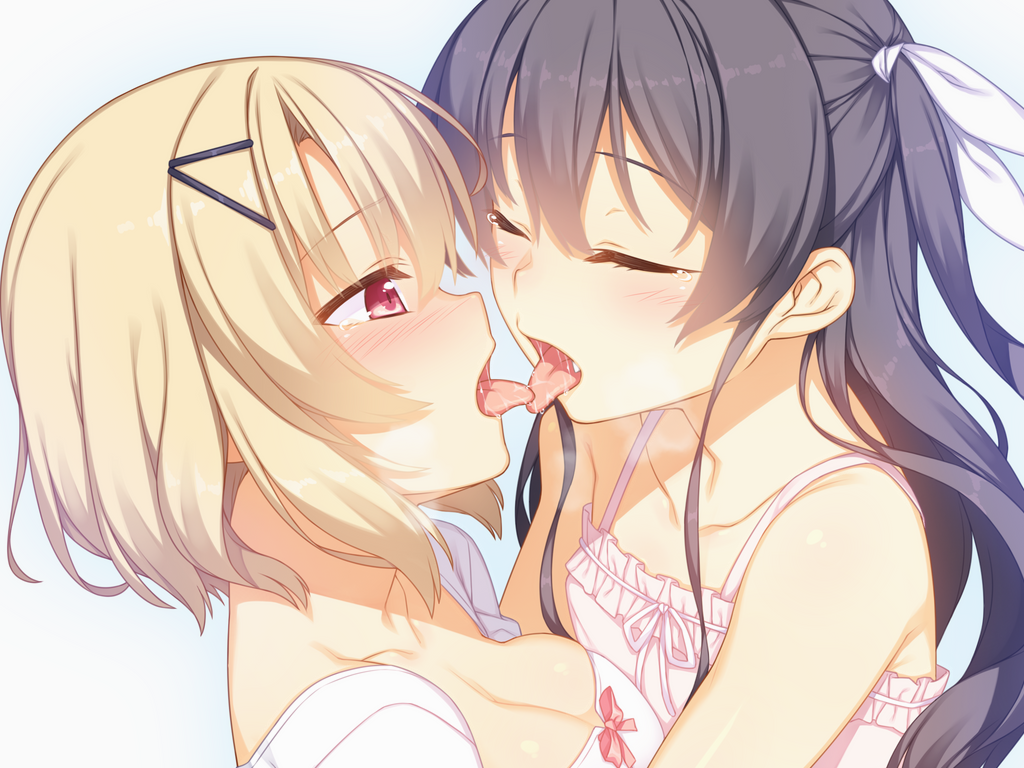 2girls black_hair blonde_hair breasts camisole cleavage closed_eyes collarbone fang flat_chest french_kiss game_cg hair_ornament hairclip heavy_breathing kiss long_hair medium_breasts multiple_girls racer_(magnet) red_eyes saliva tears tongue tongue_out upper_body yuri