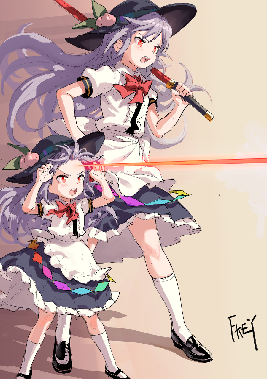 2girls apron artist_name black_footwear black_hat blouse blue_hair blue_skirt bow bowtie brown_background center_frills child chinese_commentary commentary_request dual_persona fkey food forehead fruit full_body gradient gradient_background hands hat height_difference highres hinanawi_tenshi holding holding_sword holding_weapon kneehighs laser leaf legs_apart loafers long_hair mary_janes multiple_girls open_mouth peach petticoat puffy_short_sleeves puffy_sleeves red_bow red_eyes shadow shoes short_sleeves signature skirt standing sword sword_of_hisou tan_background touhou v-shaped_eyebrows waist_apron weapon white_apron white_blouse white_legwear wing_collar younger