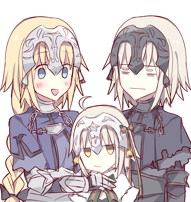 3girls ahoge bags_under_eyes bell blonde_hair blue_eyes capelet chains commentary fate/grand_order fate_(series) gauntlets headpiece jeanne_alter jeanne_alter_(santa_lily)_(fate) jingle_bell jitome kvlen long_hair multiple_girls open_mouth ruler_(fate/apocrypha) short_hair smile yellow_eyes