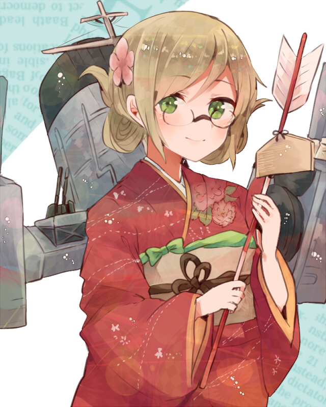 1girl arrow bangs brown_hair ema flower folded_ponytail glasses green_eyes hair_flower hair_ornament hamaya itomugi-kun japanese_clothes kantai_collection katori_(kantai_collection) kimono looking_at_viewer machinery new_year parted_bangs pince-nez red_kimono smile smokestack solo upper_body