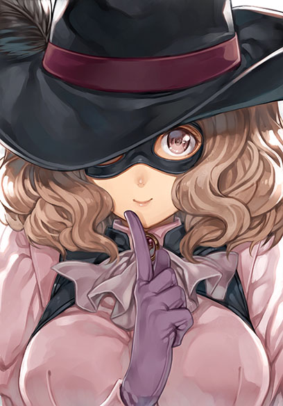 1girl ascot black_hat breasts brooch brown_eyes brown_hair closed_mouth domino_mask gloves hat index_finger_raised jewelry keg large_breasts mask okumura_haru persona persona_5 purple_gloves smile solo upper_body wavy_hair