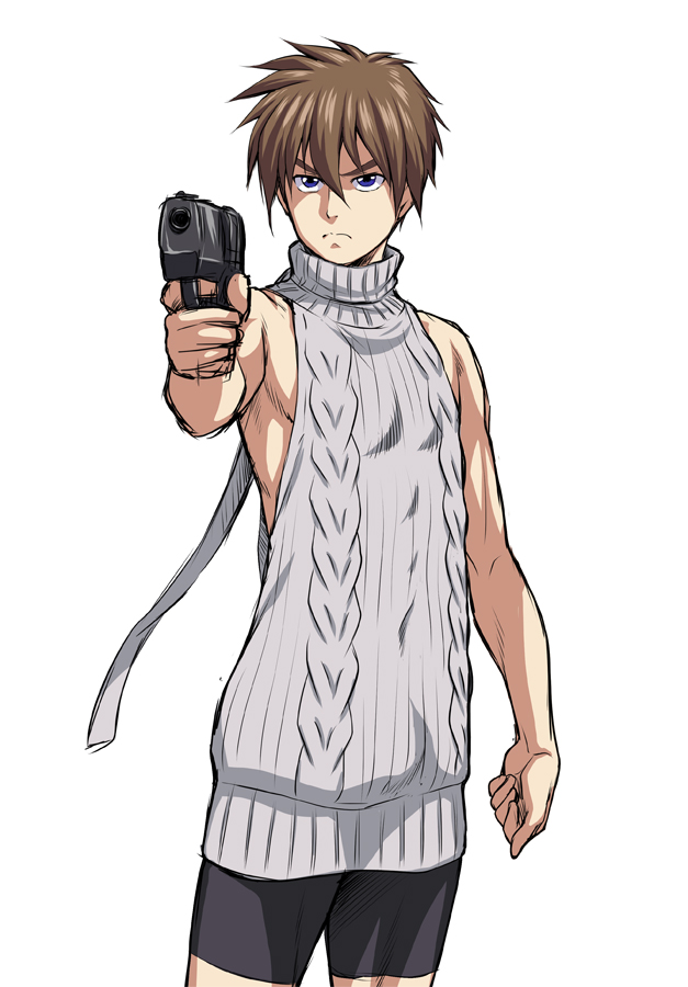 1boy aran_sweater backless_outfit blue_eyes brown_hair gun gundam gundam_wing handgun heero_yuy kouda_tomohiro male_focus pointing pointing_at_viewer ribbed_sweater shorts solo sweater turtleneck turtleneck_sweater virgin_killer_sweater weapon