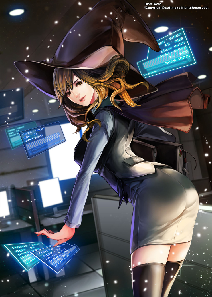 1girl ass bangs black_vest book brown_eyes brown_hat brown_legwear capelet collared_shirt computer_keyboard copyright_name cowboy_shot dress_shirt fingernails formal grey_shirt hat holding holding_book holographic_interface holographic_keyboard holographic_monitor holographic_touchscreen indoors inner_world light_particles lips long_hair long_sleeves lsr monitor nose office_lady original parted_lips pencil_skirt shirt skirt skirt_suit solo suit table teeth thigh-highs vest witch_hat