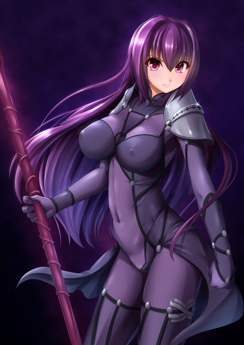 &gt;:| 1girl 8000 bangs bodysuit breasts closed_mouth covered_navel cowboy_shot erect_nipples fate/grand_order fate_(series) gae_bolg hair_between_eyes holding holding_weapon large_breasts long_hair looking_at_viewer pauldrons polearm purple_bodysuit purple_hair red_eyes scathach_(fate/grand_order) solo spear weapon