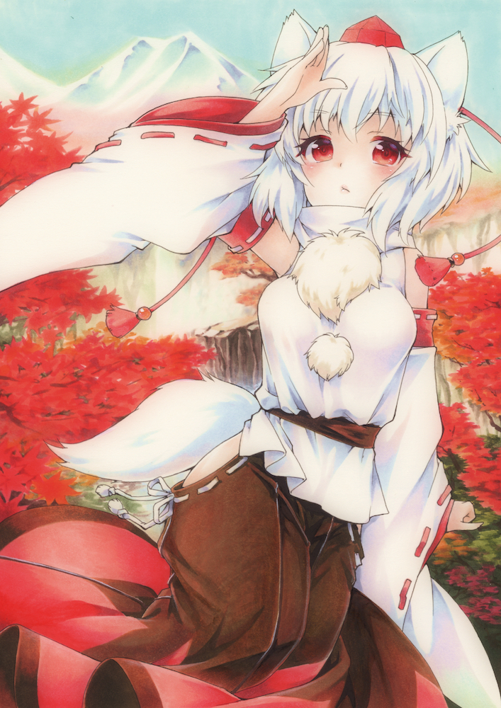 1girl animal_ears autumn_leaves bare_shoulders blush breasts detached_sleeves funnyfunny hakama hat hip_vent inubashiri_momiji japanese_clothes looking_at_viewer mountain nature pom_pom_(clothes) red_eyes short_hair silver_hair solo tail tokin_hat touhou traditional_media tree wide_sleeves wolf_ears wolf_tail