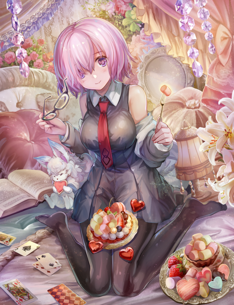1girl bare_shoulders black_dress black_legwear blush breasts card closed_mouth dress fate/grand_order fate_(series) flower food fork fou_(fate/grand_order) fruit full_body glasses glasses_removed heart holding holding_fork holding_glasses large_breasts lavender_hair long_sleeves macaron marshmallow necktie off_shoulder on_bed pantyhose pillow playing_card red_necktie shielder_(fate/grand_order) short_hair sitting sleeveless sleeveless_dress smile solo strawberry torino_akua violet_eyes wariza