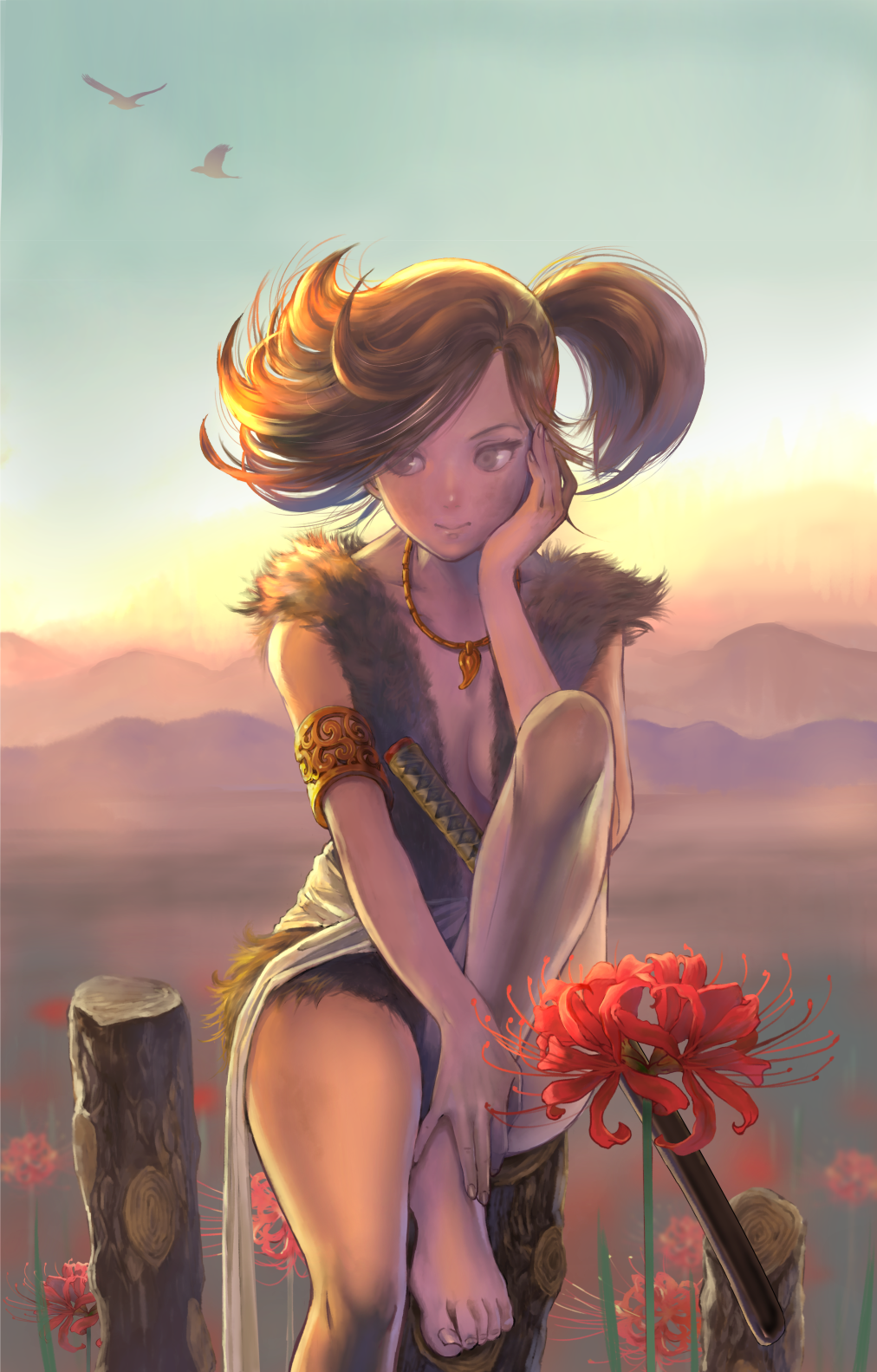 1girl animal armlet bare_legs barefoot bird breasts brown_hair center_opening closed_mouth dororo_(character) dororo_(tezuka) eyelashes fingernails flower grey_eyes hand_on_ankle hand_on_own_cheek head_rest highres japanese_clothes jewelry katana knee_up kuroimori medium_breasts mountain necklace older outdoors pendant red_flower side_glance side_ponytail silhouette sitting sky sleeveless smile solo spider_lily spoilers sword toenails weapon
