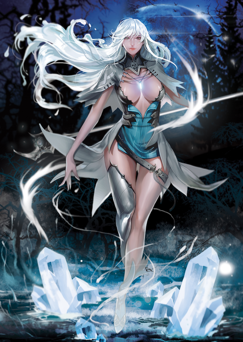 1girl ankle_boots asymmetrical_legwear belt boots breasts cape capelet closed_mouth dress forest full_body full_moon green_dress grey_cape grey_eyes holding holding_spear holding_weapon ice jewelry lance lips long_hair looking_at_viewer lsr medium_breasts moon nature necklace night night_sky nose original outdoors pink_lips polearm short_dress silver_hair single_thighhigh sky smile solo spear thigh-highs thigh_boots thigh_gap tree turtleneck weapon