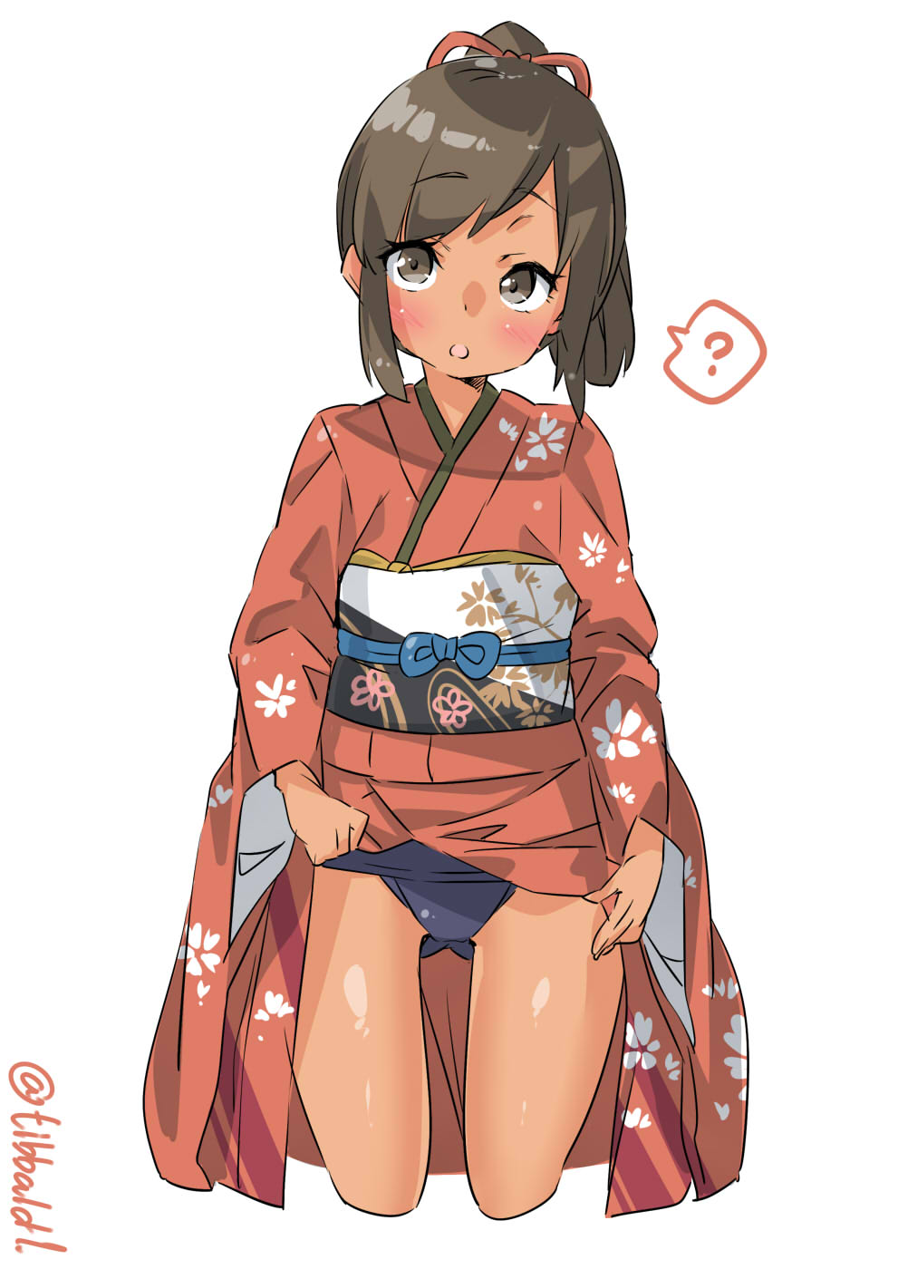 1girl ? bangs blue_swimsuit blush brown_eyes brown_hair clothes_lift cowboy_shot cropped_legs ebifurya eyebrows floral_print gluteal_fold hair_ribbon highres i-401_(kantai_collection) japanese_clothes kantai_collection kimono kimono_lift lifted_by_self long_sleeves looking_at_viewer obi open_mouth ponytail print_kimono red_kimono red_ribbon ribbon sash school_swimsuit simple_background solo speech_bubble spoken_question_mark swimsuit swimsuit_under_clothes tan twitter_username white_background