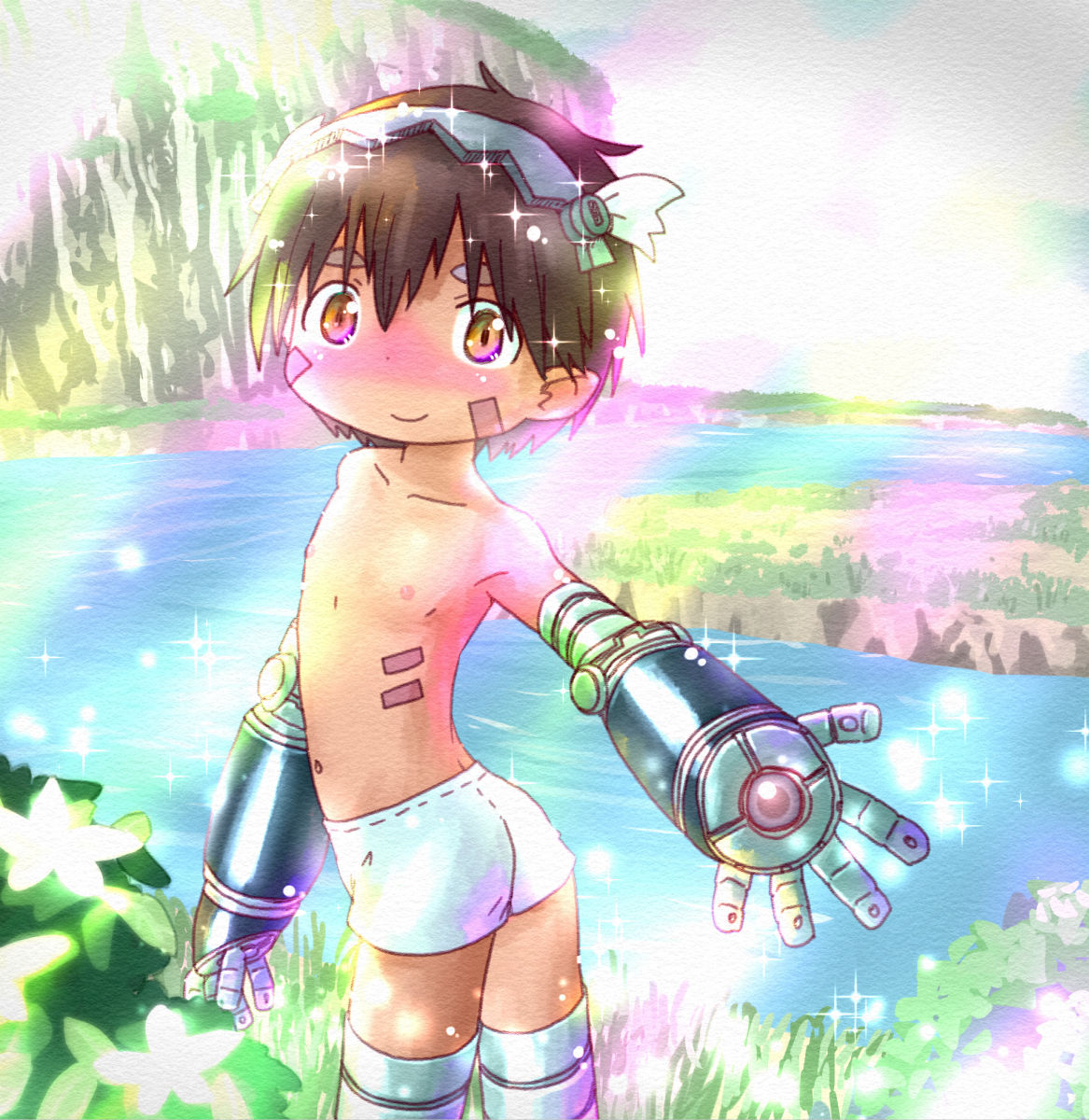 1boy blush brown_eyes brown_hair day hair_ornament highres little_sound made_in_abyss male_focus mechanical_arms nipples outdoors outstretched_hand regu_(made_in_abyss) robot smile solo standing twisted_torso water