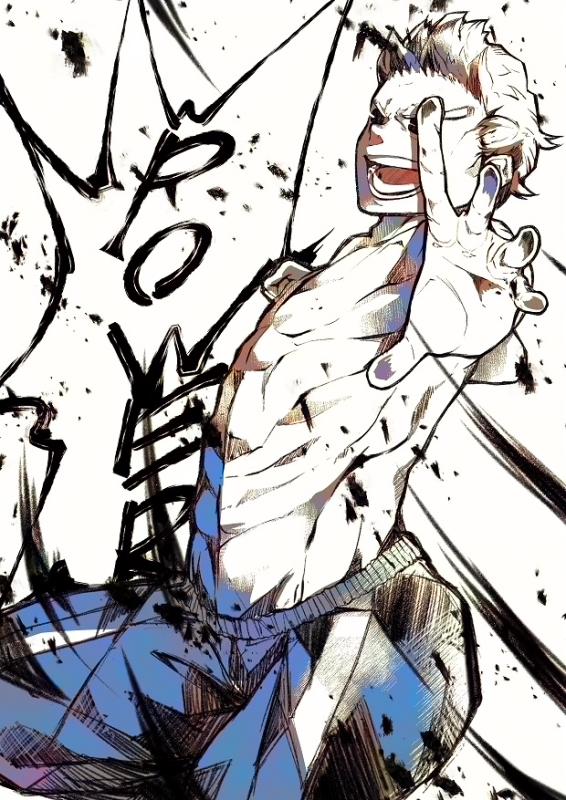 1boy aiming_at_viewer boku_no_hero_academia clenched_hand cowboy_shot emphasis_lines english eyebrows male_focus mirio_togata muscle open_mouth open_palms outstretched_arm pants short_hair shouting solo topless