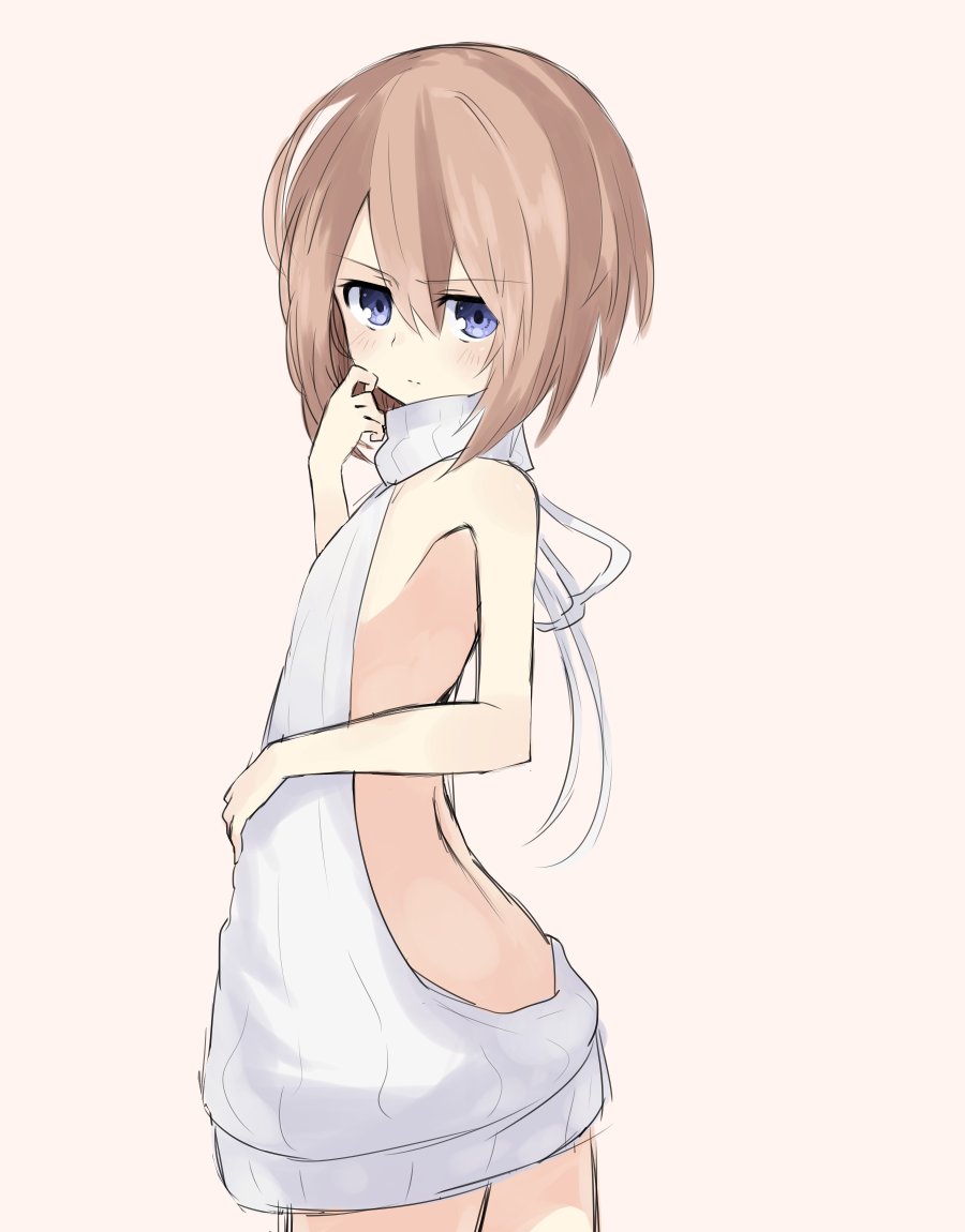 1girl ass backless_outfit bare_back bare_shoulders blanc blancpig_yryr blue_eyes blush breasts brown_hair choujigen_game_neptune dress looking_at_viewer naked_sweater neptune_(series) open-back_dress short_hair solo sweater sweater_dress turtleneck turtleneck_sweater virgin_killer_sweater
