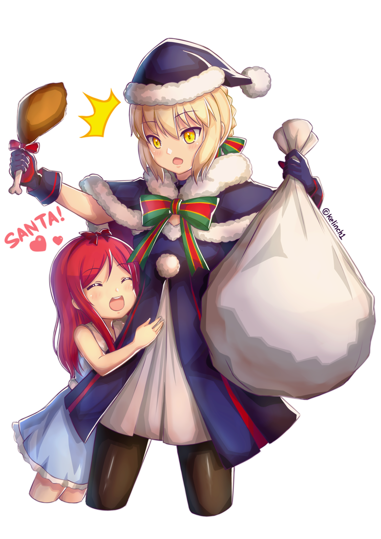 /\/\/\ 2girls :d ^_^ artoria_pendragon_(all) bangs black_legwear blonde_hair blue_dress blush bow capelet chicken_leg child christmas closed_eyes cropped_legs crossover dress english eyebrows_visible_through_hair fate/grand_order fate_(series) food hair_between_eyes hairband hat heart holding holding_food hug kelinch1 long_hair love_live! love_live!_school_idol_project multiple_girls nishikino_maki open_mouth pantyhose red_bow redhead saber saber_alter sack sailor_dress santa_alter santa_costume santa_hat simple_background sleeveless sleeveless_dress smile swept_bangs twitter_username white_background yellow_eyes younger
