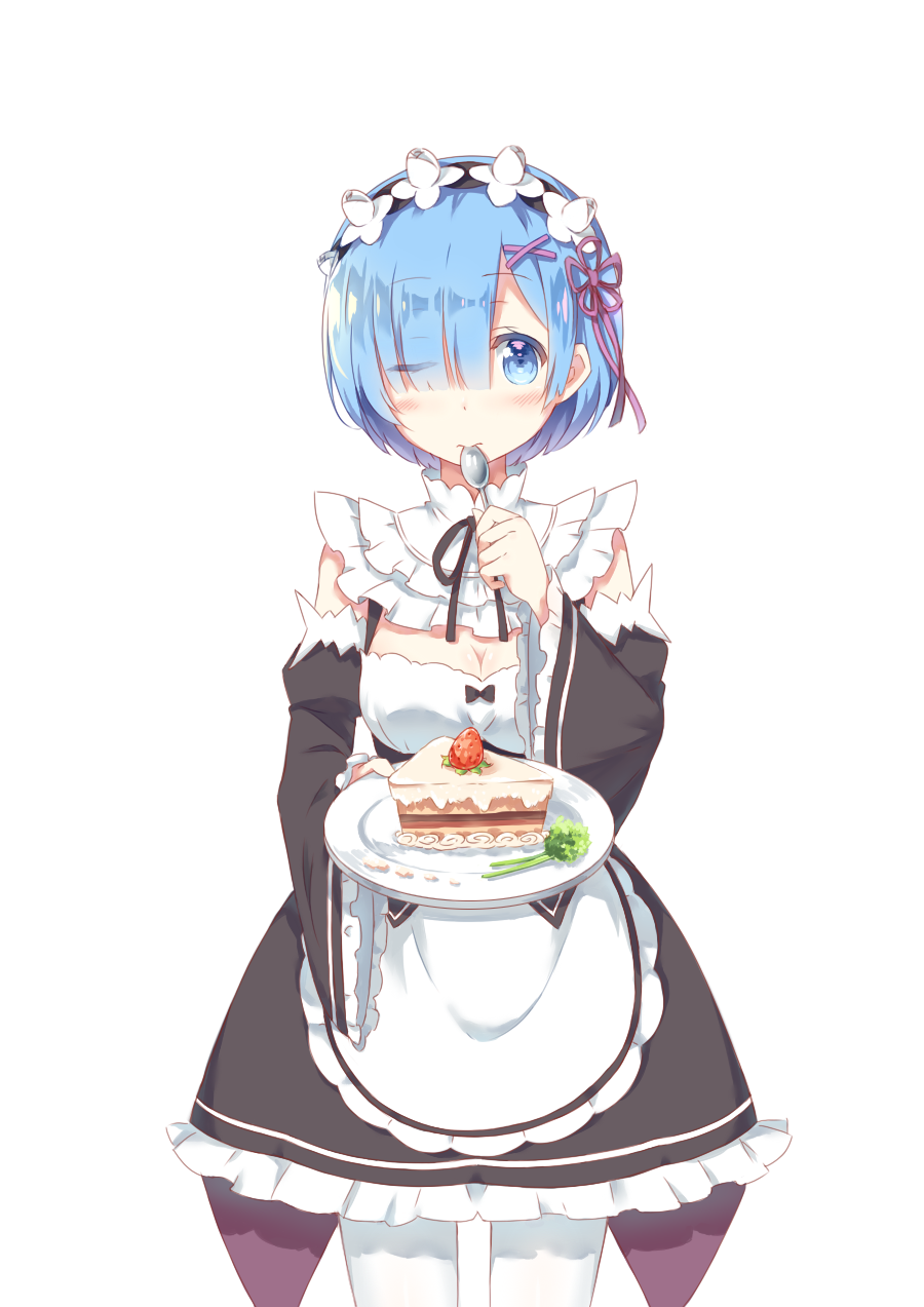 1girl 2429144768 blue_eyes blue_hair blush breasts cake cleavage cowboy_shot detached_sleeves eyes_visible_through_hair food frilled_sleeves frills fruit hair_ornament hair_over_one_eye highres holding holding_spoon looking_at_viewer maid maid_headdress medium_breasts pantyhose plate re:zero_kara_hajimeru_isekai_seikatsu rem_(re:zero) ribbon-trimmed_clothes ribbon_trim simple_background slice_of_cake solo spoon strawberry white_background wide_sleeves x_hair_ornament