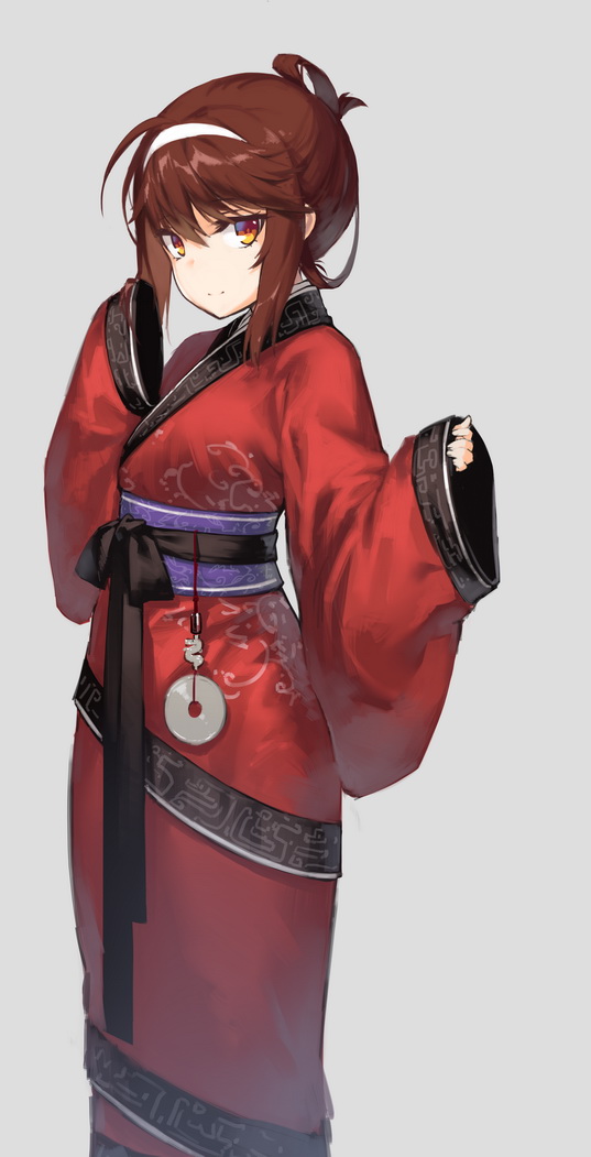 1girl ahoge bangs brown_hair chinese_clothes closed_mouth cowboy_shot folded_ponytail from_side girls_frontline hairband hanfu light_smile long_sleeves looking_at_viewer looking_to_the_side nightmaremk2 obi orange_eyes original sash solo swept_bangs type_79_(girls_frontline) wide_sleeves