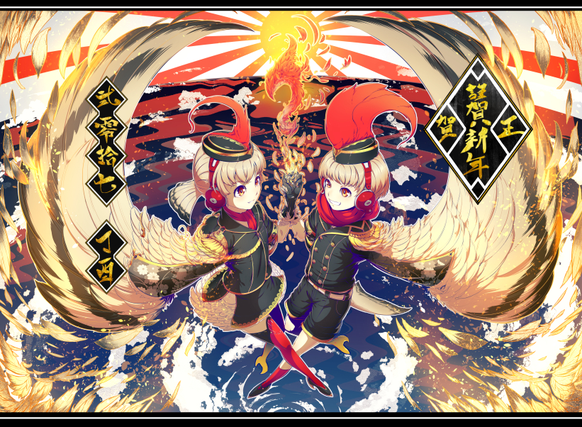 1boy 1girl bird_tail black_hat clouds eye_contact floral_print hat kyousin light_brown_hair looking_at_another nengajou new_year original red_legwear smile thigh-highs uniform wings year_of_the_rooster