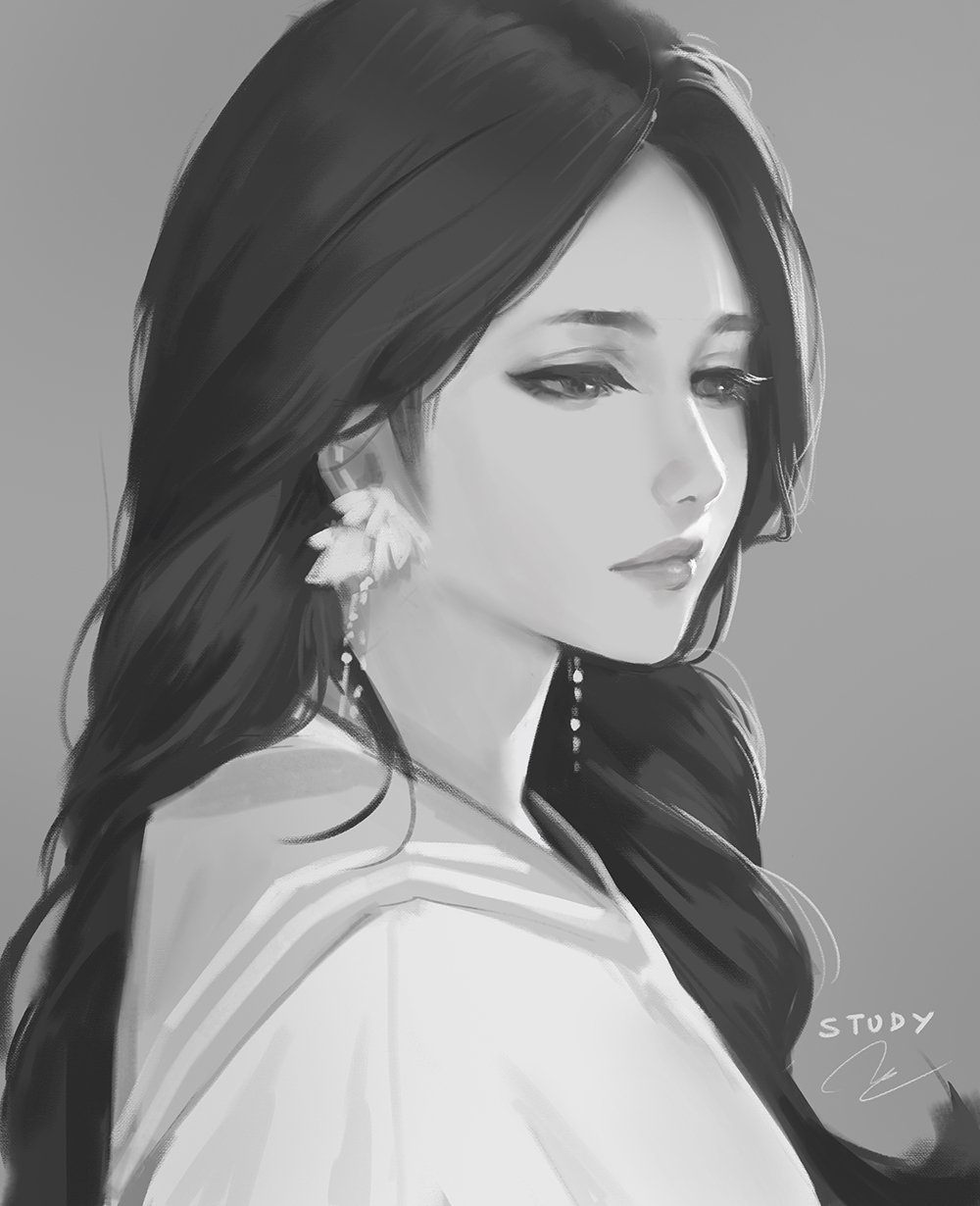 1girl closed_mouth earrings face from_side grey_background greyscale highres jewelry light_smile long_hair looking_away looking_down monochrome nguyen_uy_vu original painting portrait realistic signature simple_background solo