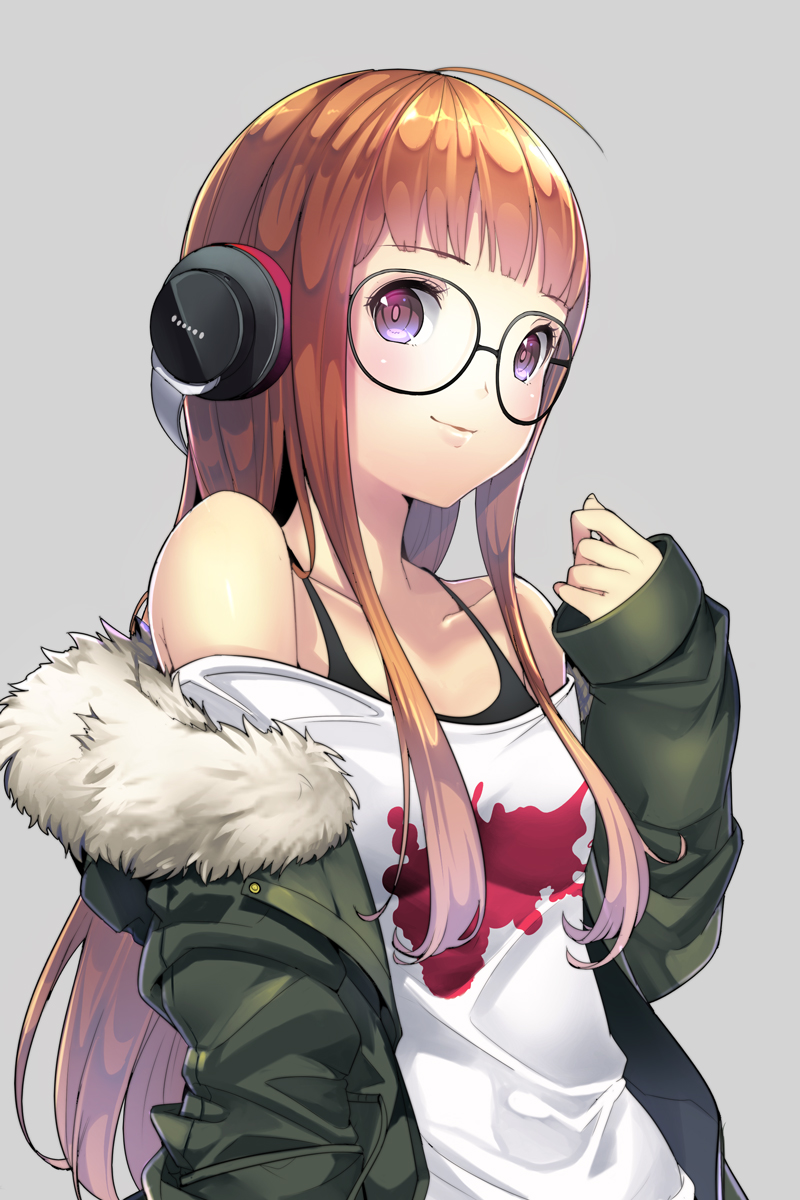 1girl ahoge arm_at_side bangs black-framed_eyewear blunt_bangs blush breasts closed_mouth collarbone eyebrows_visible_through_hair fur_trim glasses green_jacket headphones highres jacket lips long_hair long_sleeves looking_at_viewer nasubi_(w.c.s) off_shoulder open_clothes open_jacket orange_hair persona persona_5 print_shirt sakura_futaba shirt side_glance simple_background sleeves_past_wrists small_breasts smile solo upper_body very_long_hair violet_eyes