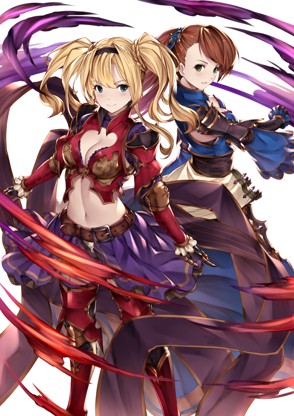 2girls aura bangs beatrix_(granblue_fantasy) belt blonde_hair blue_eyes braid breasts brown_hair cleavage cleavage_cutout cowboy_shot dress gauntlets granblue_fantasy greaves green_eyes hair_ornament hairband highres long_hair looking_at_another medium_breasts midriff multiple_girls navel pak_ce parted_lips pauldrons ponytail purple_skirt skirt smile stomach twintails zeta_(granblue_fantasy)