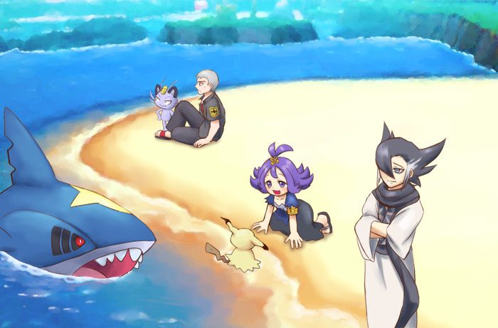 1girl 2boys :3 :d acerola_(pokemon) all_fours alola_form alolan_meowth amulet_coin armlet beach black_hair black_pants black_scarf blue_eyes blush cat closed_mouth collarbone costume crossed_arms day dress elite_four flat_chest flipped_hair giima_(pokemon) hair_ornament hanasaki_(1470267) island_kahuna japanese_clothes kimono kuchinashi_(pokemon) meowth mimikyu multicolored_hair multiple_boys open_mouth outdoors pants pikachu_costume pokemon pokemon_(creature) pokemon_(game) pokemon_sm police police_uniform purple_hair red_shirt sand sandals scarf shark sharpedo shirt short_hair short_sleeves sitting smile topknot torn_clothes torn_dress torn_sleeves trial_captain two-tone_hair uniform violet_eyes whiskers white_hair