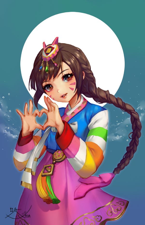 11ama 1girl 2017 alternate_costume alternate_hairstyle artist_name bangs bow braid brown_eyes brown_hair bunny_hair_ornament cowboy_shot d.va_(overwatch) dated eyelashes facial_mark fingers_together full_moon hair_bow hair_ornament hanbok heart heart_hands korean_clothes lips long_hair long_sleeves looking_at_viewer moon multicolored multicolored_stripes overwatch palanquin_d.va parted_lips pink_lips pink_skirt purple_bow signature skirt solo striped striped_sleeves tassel whisker_markings