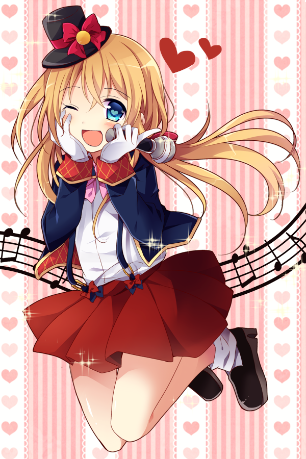 1boy ;d beamed_quavers blonde_hair blue_eyes bow crossdressinging gloves hands_on_own_cheeks hands_on_own_face hat hat_bow heart heart-shaped_pupils idol male_focus microphone midare_toushirou mini_hat mini_top_hat musical_note one_eye_closed open_mouth pleated_skirt quaver skirt smile solo sparkle staff_(music) suspenders symbol-shaped_pupils top_hat touken_ranbu trap uguisu_mochi_(ykss35) white_gloves