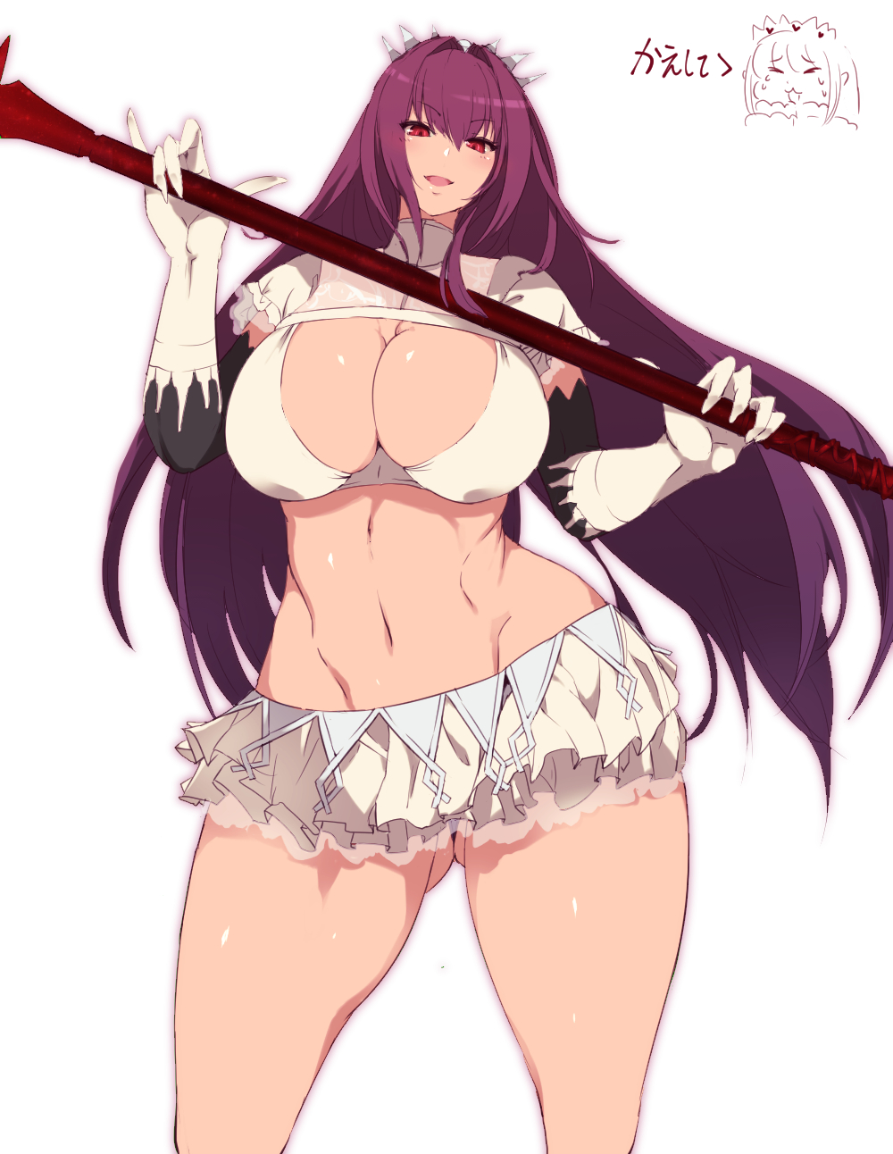 1girl ass bangs breasts cleavage cosplay cowboy_shot curvy elbow_gloves eyebrows_visible_through_hair fate/grand_order fate_(series) gae_bolg gloves gluteal_fold groin highres holding holding_spear holding_weapon huge_breasts lance large_breasts legs_apart long_hair looking_at_viewer medb_(fate/grand_order) microskirt midriff navel open_mouth pinky_out polearm purple_hair red_eyes scathach_(fate/grand_order) sekiyu_(spartan) simple_background skirt solo spear stomach thick_thighs thighs weapon white_background white_gloves wide_hips