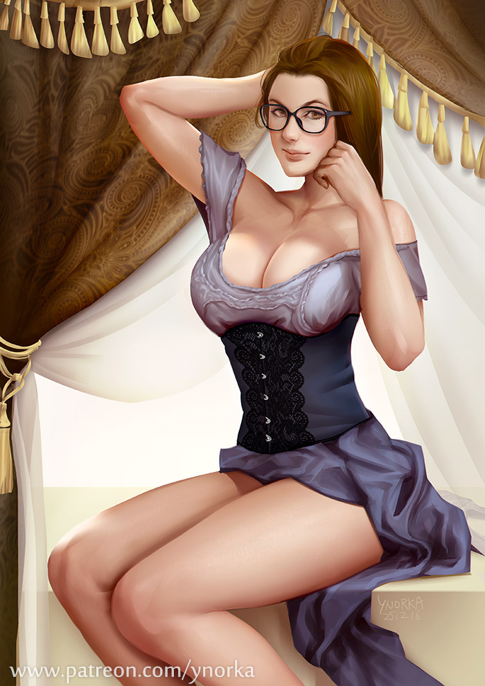 1girl adjusting_hair bare_shoulders bed black-framed_eyewear blush breasts brown_eyes brown_hair canopy_bed cleavage closed_mouth collarbone corset dress grey_dress large_breasts long_hair looking_at_viewer off-shoulder_dress off_shoulder original sitting smile solo watermark web_address ynorka_chiu