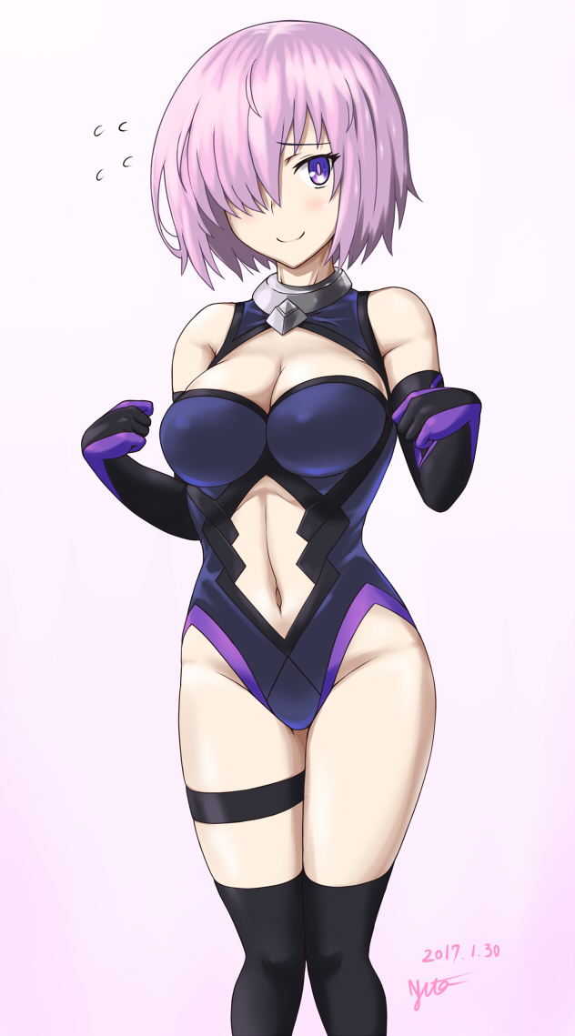 1girl breasts center_opening cleavage cleavage_cutout fate/grand_order fate_(series) hair_over_one_eye navel nishiumi_yuuta purple_hair shielder_(fate/grand_order) simple_background solo thigh_strap violet_eyes