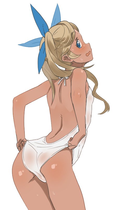 1girl adjusting_clothes adjusting_swimsuit ass backless_outfit bare_back blonde_hair blue_eyes blush dark_skin granblue_fantasy hair_ribbon io_euclase looking_at_viewer looking_back one-piece_swimsuit ribbon rkrk see-through solo swimsuit swimsuit_pull tight twintails wedgie white_background