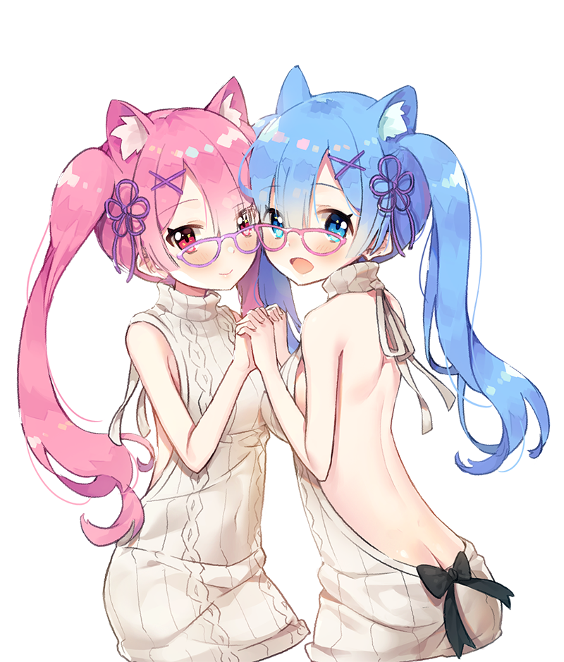 2girls :d alternate_costume alternate_hair_length alternate_hairstyle animal_ears ass ayami_(annahibi) backless_outfit bangs bare_arms bare_back bare_shoulders bespectacled black_bow blue_eyes blue_hair blush bow breasts butt_crack cat_ears closed_mouth cowboy_shot dress eyebrows_visible_through_hair from_behind glasses hair_ornament hair_ribbon hairclip halterneck hand_holding interlocked_fingers long_hair looking_at_viewer looking_back multiple_girls naked_sweater no_bra open-back_dress open_mouth pink-framed_eyewear pink_eyes pink_hair purple_ribbon ram_(re:zero) re:zero_kara_hajimeru_isekai_seikatsu rem_(re:zero) ribbed_sweater ribbon siblings sideboob simple_background sisters small_breasts smile standing sweater sweater_dress turtleneck turtleneck_sweater twins twintails virgin_killer_sweater white_background x_hair_ornament