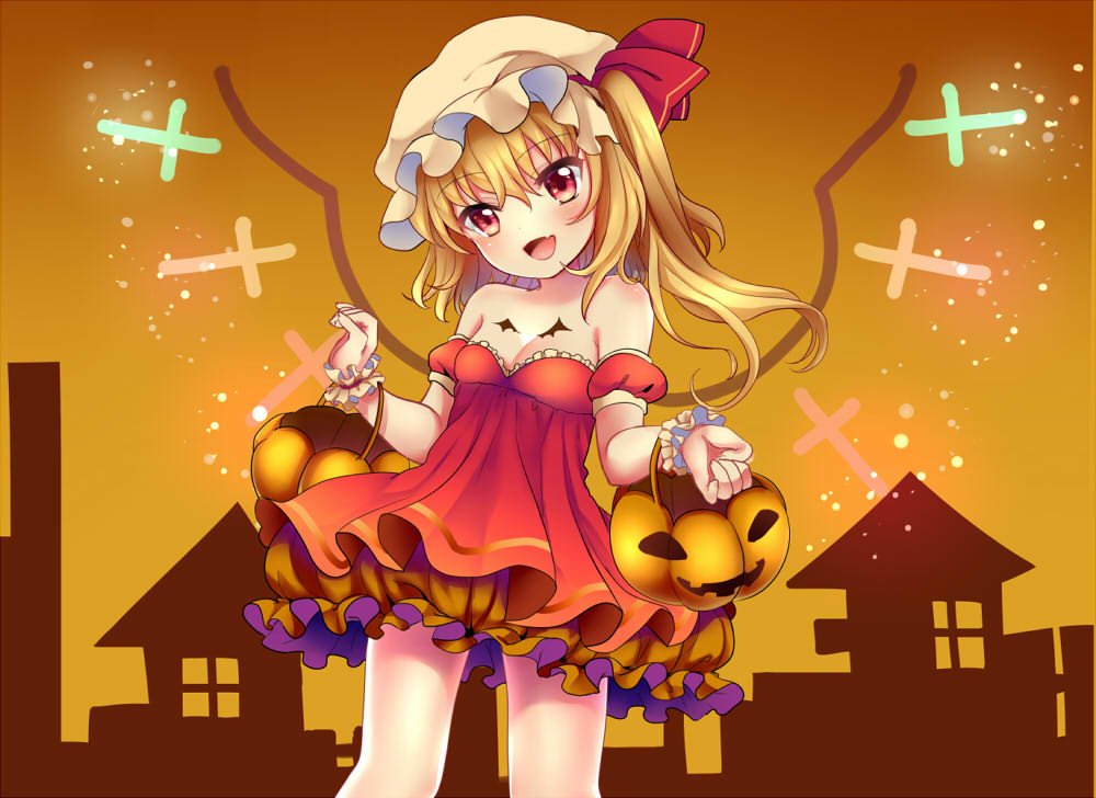 1girl :d alternate_costume bare_shoulders blonde_hair blush breast_tattoo breasts bubble_skirt bucket cleavage cowboy_shot cross detached_sleeves dress fang flandre_scarlet hat hat_ribbon looking_at_viewer mob_cap off-shoulder_dress off_shoulder open_mouth puffy_short_sleeves puffy_sleeves red_dress red_eyes red_ribbon ribbon rimu_(kingyo_origin) short_sleeves side_ponytail skirt small_breasts smile solo tattoo touhou wings