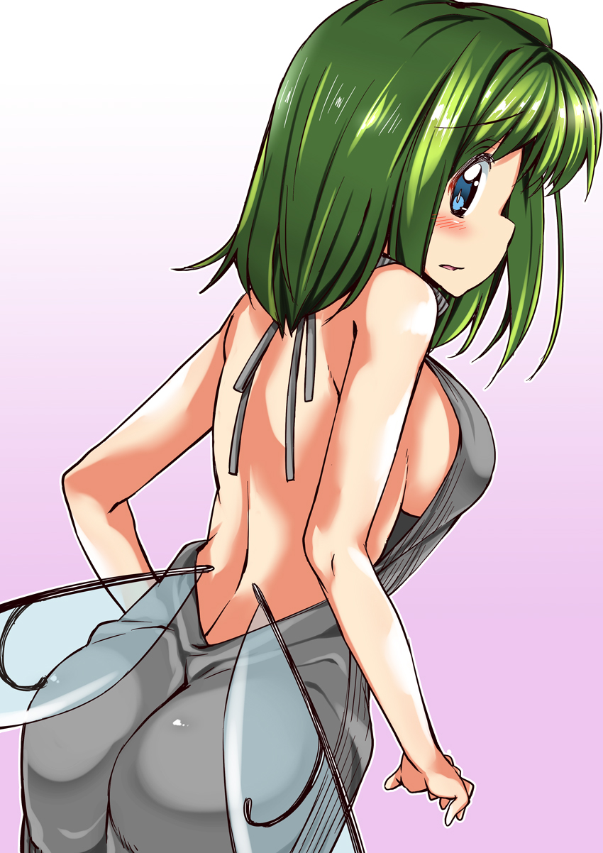 1girl ase_(nigesapo) ass backless_outfit bare_back blue_eyes breasts daiyousei dress fairy_wings green_hair highres large_breasts low_wings open-back_dress side_ponytail sideboob solo sweater sweater_dress touhou virgin_killer_sweater wings