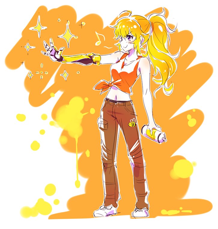 1girl blonde_hair bumblebee commentary cyborg denim iesupa jeans navel pants prosthesis prosthetic_arm rwby smile solo spray_can tank_top tied_hair violet_eyes whistling yang_xiao_long
