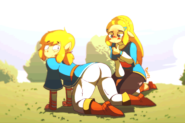 1boy 1girl all_fours animated animated_gif ass ass_shake blonde_hair blush diives embarrassed grass kneeling link looking_at_viewer pointy_ears princess_zelda role_reversal smile spanking the_legend_of_zelda the_legend_of_zelda:_breath_of_the_wild thumbs_up tree
