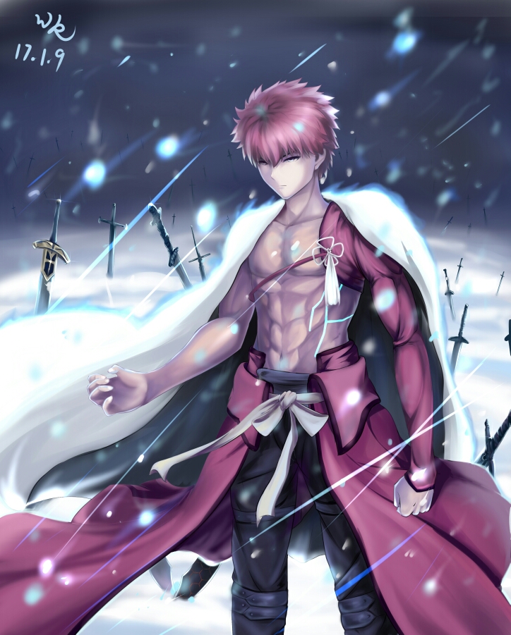 1boy abs armor bangs black_pants cape clenched_hand closed_mouth collarbone dated emiya_shirou excalibur fate/grand_order fate_(series) glint glowing grey_eyes hair_between_eyes hakama half-closed_eyes japanese_armor japanese_clothes jin_yi_tong_si kusazuri limited/zero_over looking_away male_focus markings motion_blur muscle navel outdoors pants planted_sword planted_weapon red_cape redhead ribbon serious shirtless signature snow snowing solo spiky_hair stomach sword tassel unlimited_blade_works waist_cape weapon white_cape white_ribbon wind 谨以瞳思