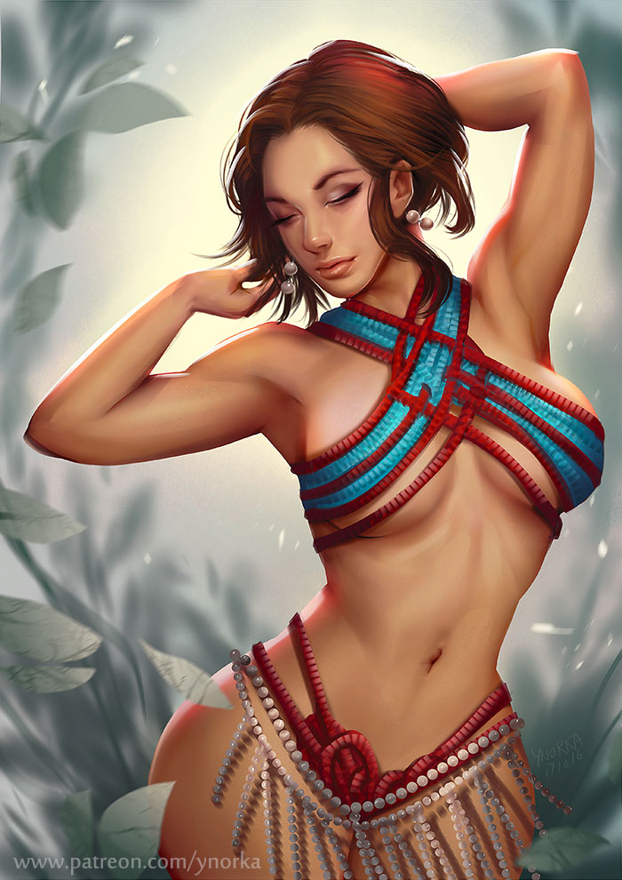 1girl armpits arms_up bare_arms bare_shoulders beads breasts brown_hair closed_eyes closed_mouth cowboy_shot dark_skin earrings eyeshadow jewelry large_breasts makeup navel original revealing_clothes short_hair sidelocks solo stomach watermark web_address ynorka_chiu