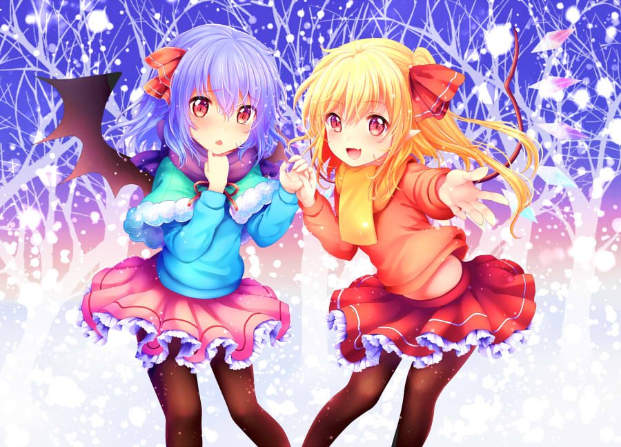 2girls :d alternate_costume bangs black_legwear blonde_hair blush capelet cowboy_shot crystal flandre_scarlet foreshortening frilled_skirt frills fur_trim hair_ribbon hand_holding looking_at_viewer multiple_girls no_hat no_headwear open_mouth pantyhose pink_skirt pointy_ears purple_hair reaching_out red_eyes red_ribbon red_skirt remilia_scarlet ribbon rimu_(kingyo_origin) scarf short_hair siblings side_ponytail sisters skirt slit_pupils smile snowing sweater touhou tree_shade triangle_mouth wings yellow_scarf